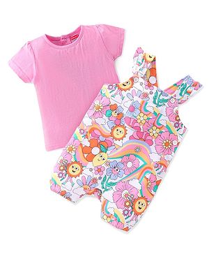 Babyhug Cotton Knit Floral Printed Dungaree with Half Sleeves Inner Tee - Multicolour