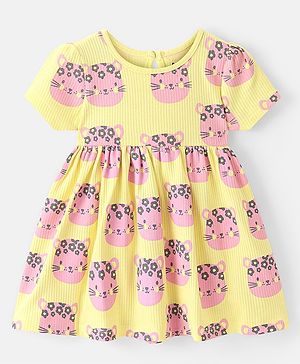 Bonfino 100% Cotton  Kitten Printed Half Sleeves Frock - Yellow