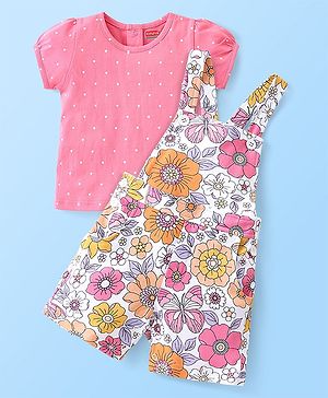 Babyhug Single Jersey Cotton Knit Dungaree & Half Sleeves Inner Tee Set Floral Print - Multicolour