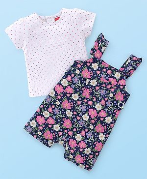 Babyhug 100% Cotton Knit Half Sleeves Polka Dot Print T-Shirt & Dungaree Set Floral Print - White & Blue