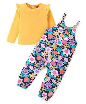 Babyhug Cotton Knit Floral Printed Dungaree with Full Sleeves Inner Tee - Yellow & Blue