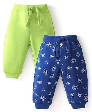 Babyhug Cotton Full Length Lounge and Track Pants Solid & Text Print  Pack of 2 - Blue & Green