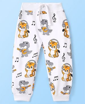 Babyhug Cotton Looper Full Length Lounge Pant With Animals Print - White Grey & Yellow