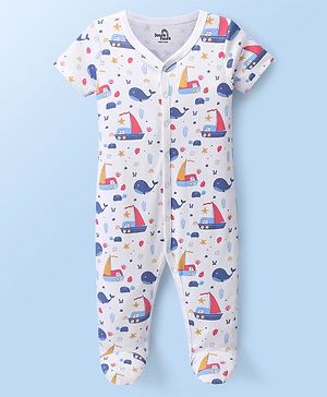 Doodle Poodle 100% Cotton Knit Half Sleeves Footed Sleep Suit with Aquatic Animal Print - White