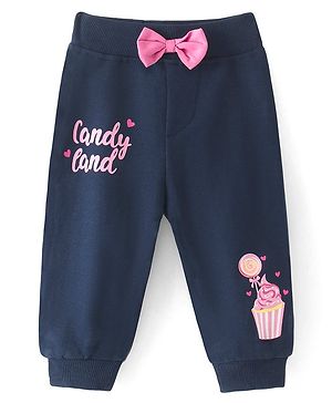 Babyhug Cotton Knit Full Length  Lounge and Track Pant with Icecream Print and a Bow - NavyBlue