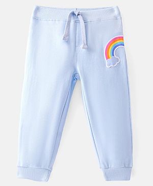 Babyhug Cotton Knit  Full Length Lounge Pant with Rainbow Patch - Blue