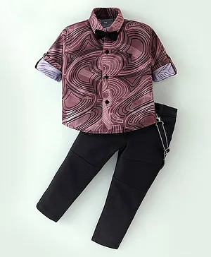 Dapper Dudes Full Sleeves Curved Abstract Printed Shirt With Bow & Bottom - Mauve