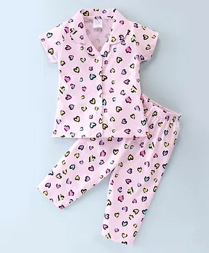 Smarty Girls 100% Cotton Half Sleeves Night Suit With Heart Print - Pink