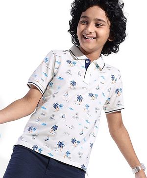 Pine Kids Knit Half Sleeves Printed T-Shirt with Beach  Print- Snow White