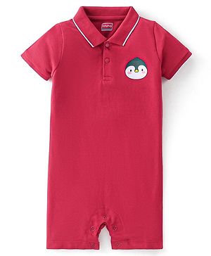 Babyhug 100% Cotton Knit Half Sleeves Romper Penguin Print - Red
