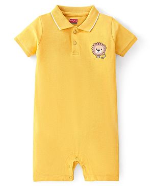 Babyhug 100% Cotton Knit Half Sleeves Romper Lion Print - Yellow