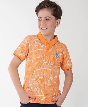 Pine Kids Cotton Knit Half Sleeves Polo T-Shirts Leaf Print - Blazing Orange