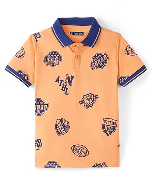 Pine Kids Cotton Knit Half Sleeves Polo T-Shirt Sports Theme Print - Orange