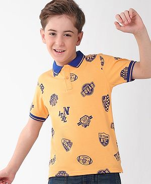 Pine Kids Cotton Knit Half Sleeves Polo T-Shirt Sports Theme Print - Orange