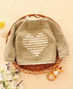 Woonie Full Raglan Sleeves Intarsia Heart Design Hand Knitted Sweater - Beige