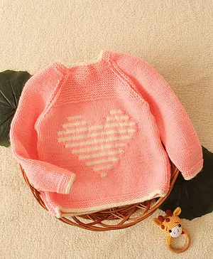 Woonie Raglan Full Sleeves Heart Designed Hand Knitted Acrylic Sweater - Peach