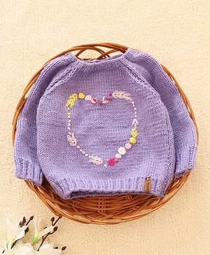 Woonie Raglan Full Sleeves Heart Embroidered Hand Knitted Acrylic Sweater - Lavender
