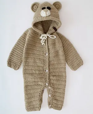 Woonie Full Sleeves  Crochet Bear Face  Design Jumpsuit -Beige