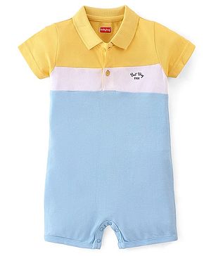 Babyhug 100% Cotton Knit Half Sleeves Solid Colour Cut & Sew Romper - Blue & Yellow