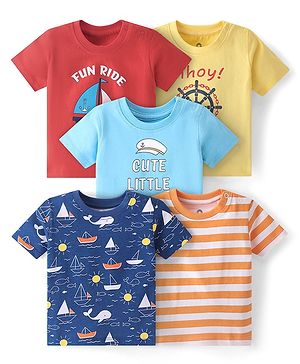 Doodle Poodle 100% Cotton Half Sleeves Boats Printed T-Shirts Pack of 5 - Multicolor