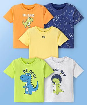 Doodle Poodle 100% Cotton Knit Half Sleeves  T-Shirts Dino Print Pack of 5-Multicolour