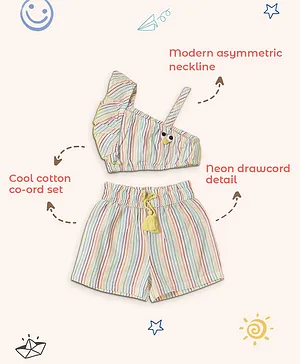Nauti Nati One Shoulder Googly Eye Applique Detailed & Candy Pencil Striped Coordinating Pure Cotton Co Ord Set - Blue