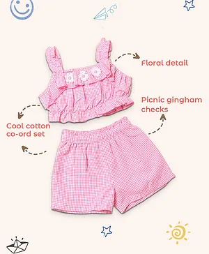 Nauti Nati Sleeveless Floral Embellished & Mini Gingham Checked Coordinating Cotton Top & Shorts Set - Pink