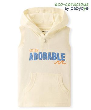 Babyoye 100% Cotton Knit Text Print Sleeveless T-Shirt with Hood - Marshmellow