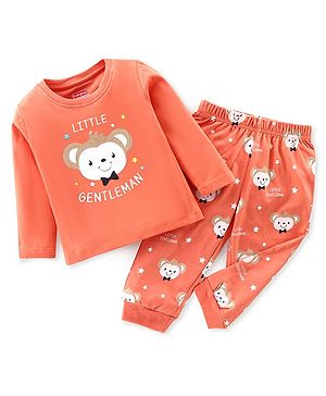 Babyhug Cotton Knit Full Sleeves Night Suit With Monkey Print - Orange