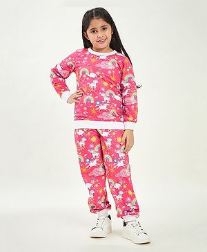 Pspeaches Full Sleeves All Over Unicorn & Rainbow Printed Coordinating Fleece Tracksuit - Magenta Pink