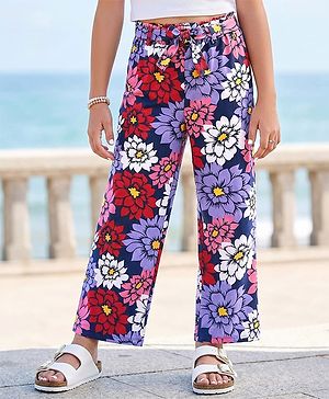 Pine Kids Terry Cotton Knit Full Length Lounge Pants with Floral Print- Acai
