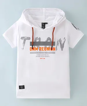 Ruff Lycra Knit Half Sleeves Hooded T-Shirt Text Print  -White