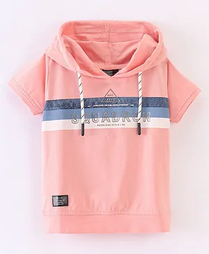RUFF Lycra Knit Half Sleeves Hooded T-Shirt With Text Print - Pink
