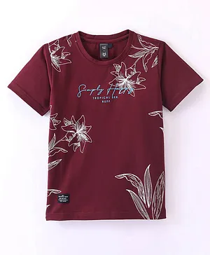 Ruff Lycra Knit Half Sleeves T-Shirt Floral Print - Maroon