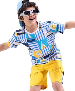 Ollington St. 100% Cotton Knit Half Sleeves T-Shirt & Shorts Set With Yacht Print - Blue & Yellow