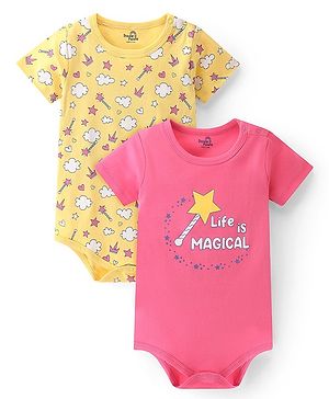 Doodle Poodle 100% Cotton Knit Half Sleeves Onesies Cloud & Star Print Pack Of 2 - Pink & Yellow