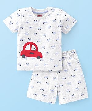 Babyhug Cotton Knit Single Jersey Half Sleeves Night Suit With Car Print & Embroidery - Grey