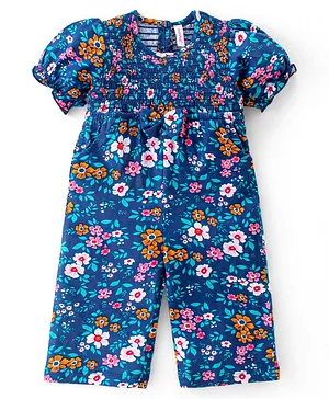 Babyhug Cotton Jersey Smocking Half Sleeves Jumpsuit with Floral Print - Navy Blue