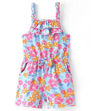 Babyhug 100% Cotton Jersey Knit Floral Print Shoulder Strap Jumpsuit with Bow Applique- Pink