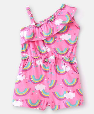 Babyhug Cotton Jersey Knit One Shoulder Strap Jumpsuit with Rainbow Print - Pink