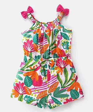Babyhug 100% Cotton Jersey Shoulder Strap Jumpsuit With Floral Print - Multicolour