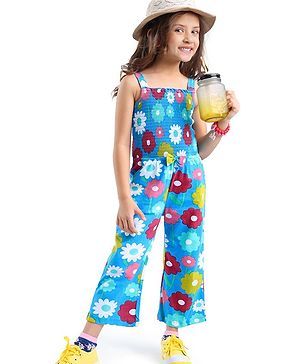 Babyhug Cotton Jersey Shoulder Strap Jumpsuit With Floral Print - Blue