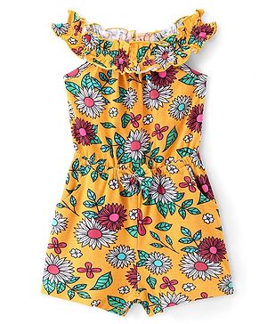 Babyhug 100% Cotton Jersey Halter Neck Jumpsuit Floral Print - Yellow