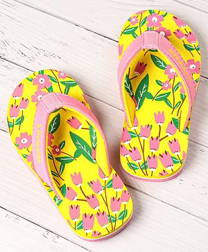 Pine Kids Slip Ons Flip Flops with Floral Design- Yellow