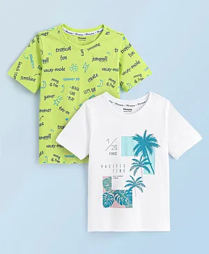 Honeyhap Premium 100% Cotton Knit Half Sleeves T-Shirt With Bio Finish Palm Tree Print Pack Of 2 - Bright White & Lime