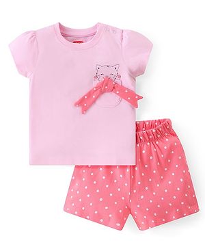 Babyhug Cotton Knit Single Jersey Half Sleeves Night Suit With Kitty Print & Bow Applique - Pink