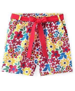 Pine Kids Single Jersey Knee Length Shorts With Floral Print - Red White & Yellow