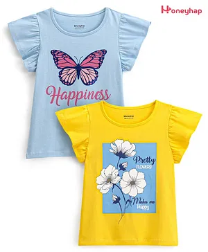 Honeyhap Premium 100% Cotton Knit Daffodil Print T-Shirts with Bio Finish Pack of 2 -Yellow & Blue