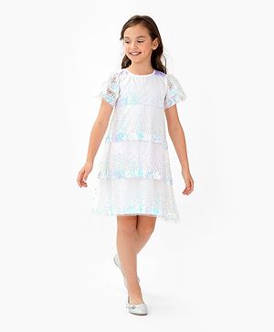 Primo Gino Half Sleeves Party Frock With Sequins & 3D Flowers Applique -Light Blue