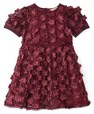 Primo Gino Woven Lace Fabric Half Sleeves Party Wear Dress With Floral Applique - Maroon